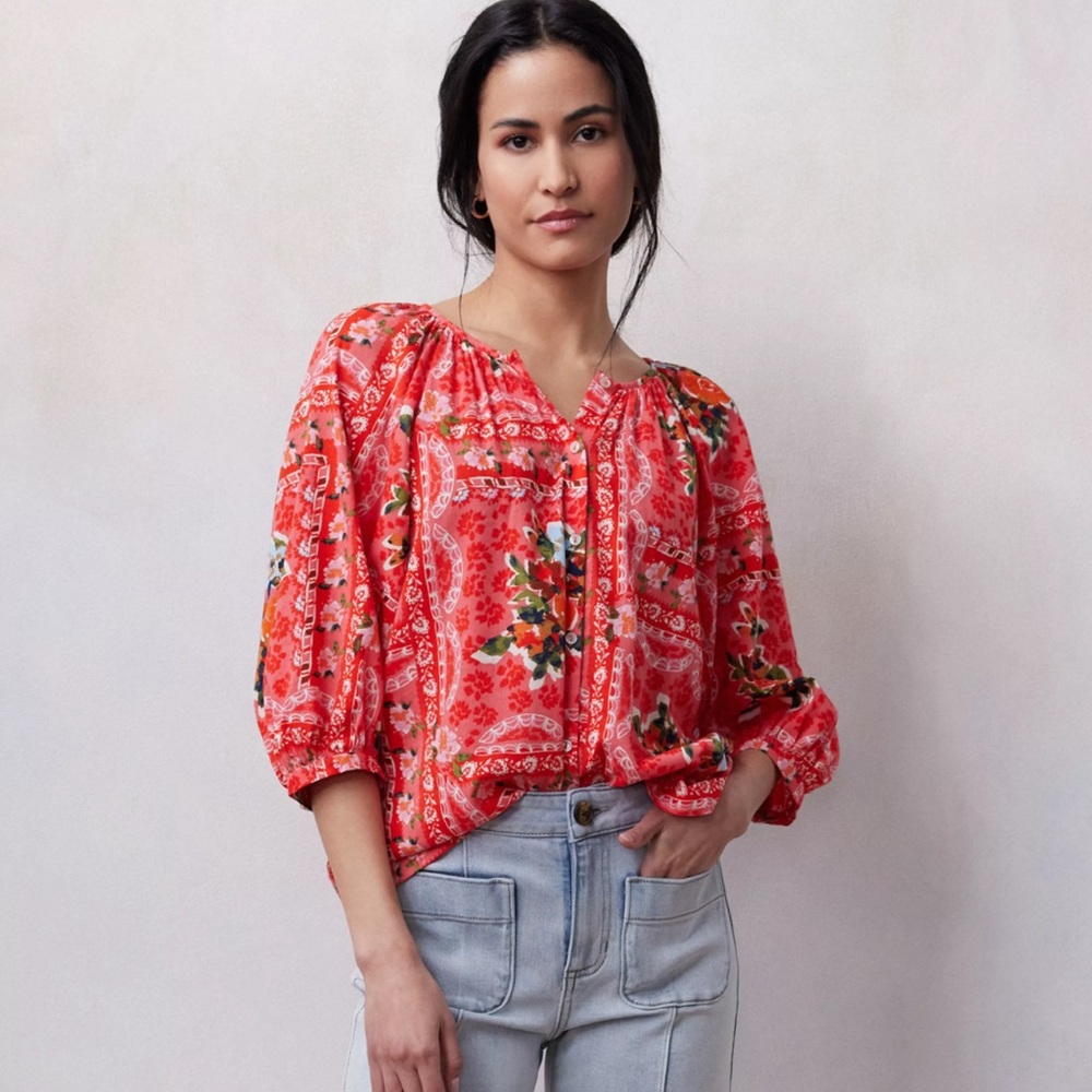NWT LC Lauren Conrad Balloon 3/4 Sleeve Button Front Floral Pheasant Blouse ❤️🧡💚